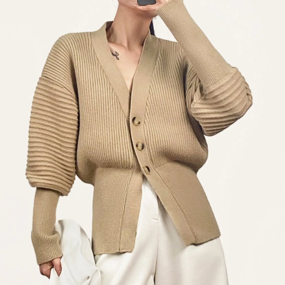 Tan Ribbed Knit Cardigan - Picture 5 of 5